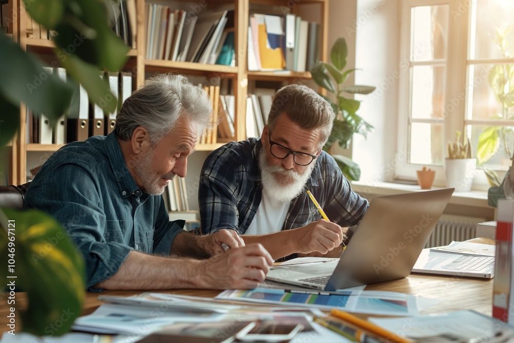 Multi-generational family working on a scrapbook in a bright home office Multi-generational family working on a scrapbook in a bright home office