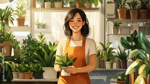 A joyful female shop owner standing amidst a variety of plants in her plant shop, her smile radiating warmth and passion for her small business