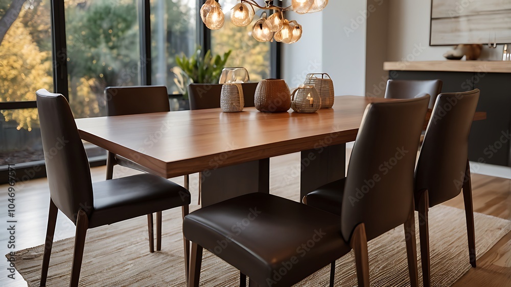 A modern dining room with a large wooden table surrounded by brown leather chairs A modern dining room with a large wooden table surrounded by brown leather chairs