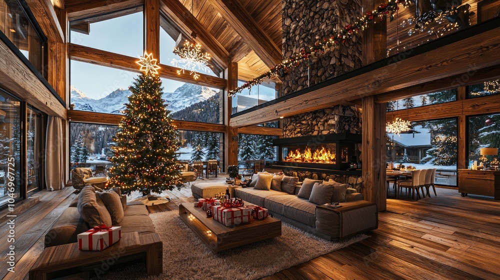 Cozy Mountain Lodge with Christmas Tree and Fireplace Cozy Mountain Lodge with Christmas Tree and Fireplace