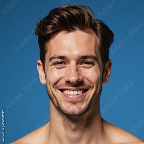 Elegant African American male model with brown hair against blurred deep sky blue background photo