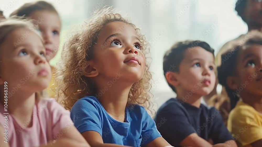 Close-up shot of a little girl with curly hair looking up with a thoughtful expression, sitting in a classroom with other children. Close-up shot of a little girl with curly hair looking up with a thoughtful expression, sitting in a classroom with other children.