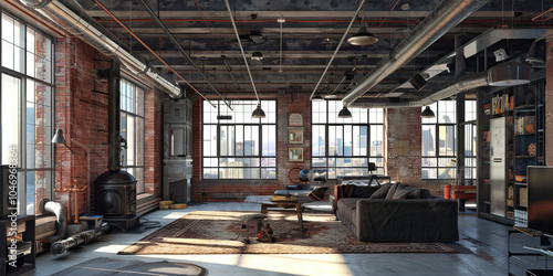 Industrial Influence: A room with exposed brick and pipes, displaying elements of industrial design in an urban setting.