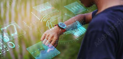 Athlete runner using smartwatch UI assistance technology performance enhancing tracking concept, training fitness sport leisure activity for healthy lifestyle, futuristic holographic ai hologram