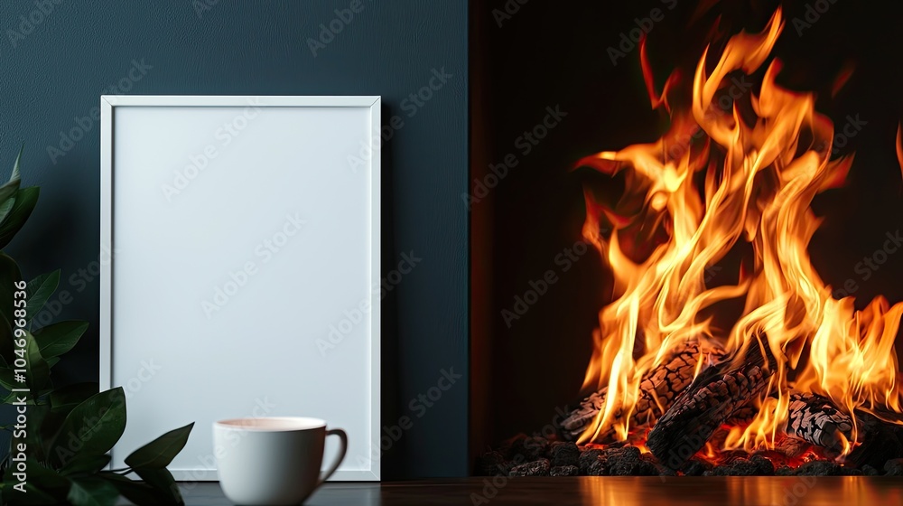 Fototapeta premium Christmas Background, Cozy scene with a mug, a blank frame, and a glowing fireplace ambiance.