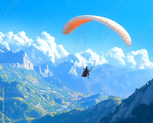 High-angle view of a vibrant mountain landscape, an exhilarating paragliding athlete soaring through the sky, capturing the essence of adventure and freedom, photorealistic style photo