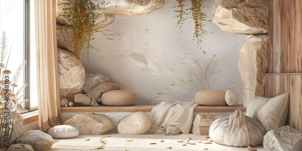 Earthy Elements: A cozy nook adorned with natural elements such as wood, stone, and wool, evoking a sense of warmth and comfort. Earthy Elements: A cozy nook adorned with natural elements such as wood, stone, and wool, evoking a sense of warmth and comfort.