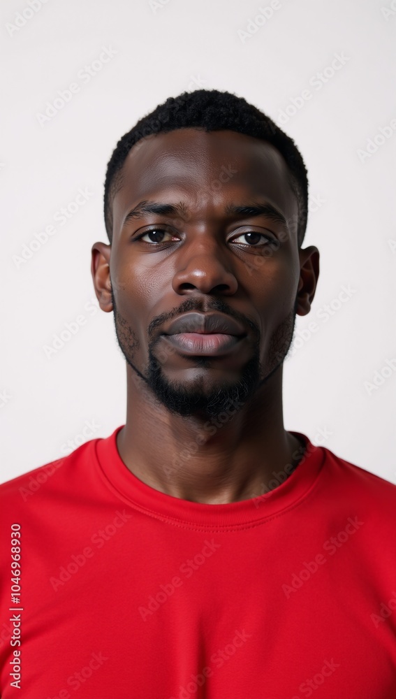 An African American man wearing a red T-Shirt is presented against a clean white backdrop in an isolated image An African American man wearing a red T-Shirt is presented against a clean white backdrop in an isolated image
