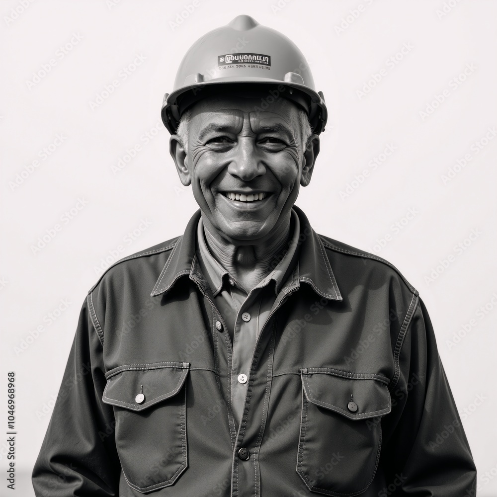 Elderly black man with a joyful grin wearing a 60s-style construction outfit and hardhat Elderly black man with a joyful grin wearing a 60s-style construction outfit and hardhat