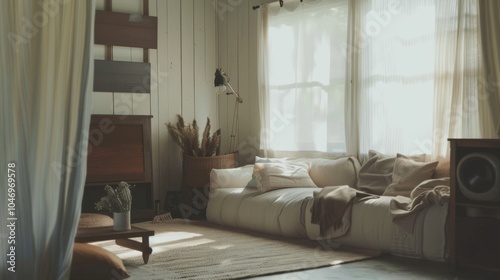 A cozy lounge setup against a white canvas backdrop, Adorned with inviting minimalist furniture pieces, Cabin-inspired coziness