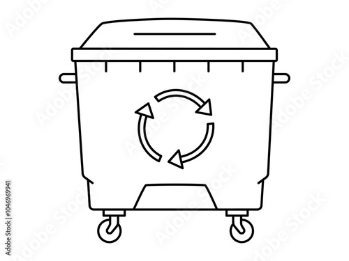 Hand drawn cute outline illustration outdoor garbage can with wheel. Flat vector recycling big trash bin, environmental pollution line art doodle style. Ecology sticker, icon. Waste sorting. Isolated.