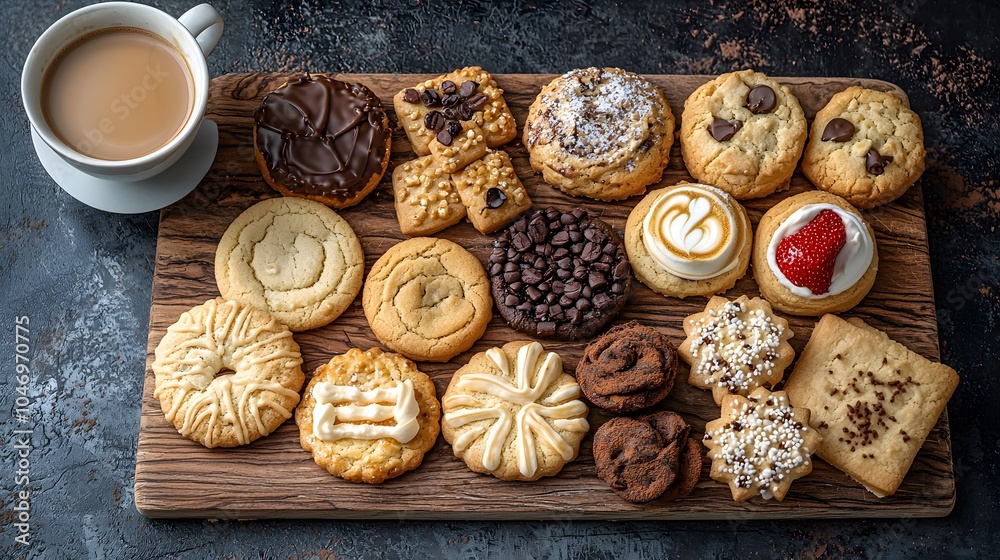 Assorted Cookies and Pastries on Rustic Wooden Board Assorted Cookies and Pastries on Rustic Wooden Board