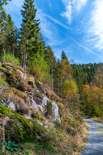 Wanderweg zu den Bieley-Felsen - Das "Matterhorn der Eifel" im Herbst auf der Narzissenroute bei Höfen, im Perlenbachtal 