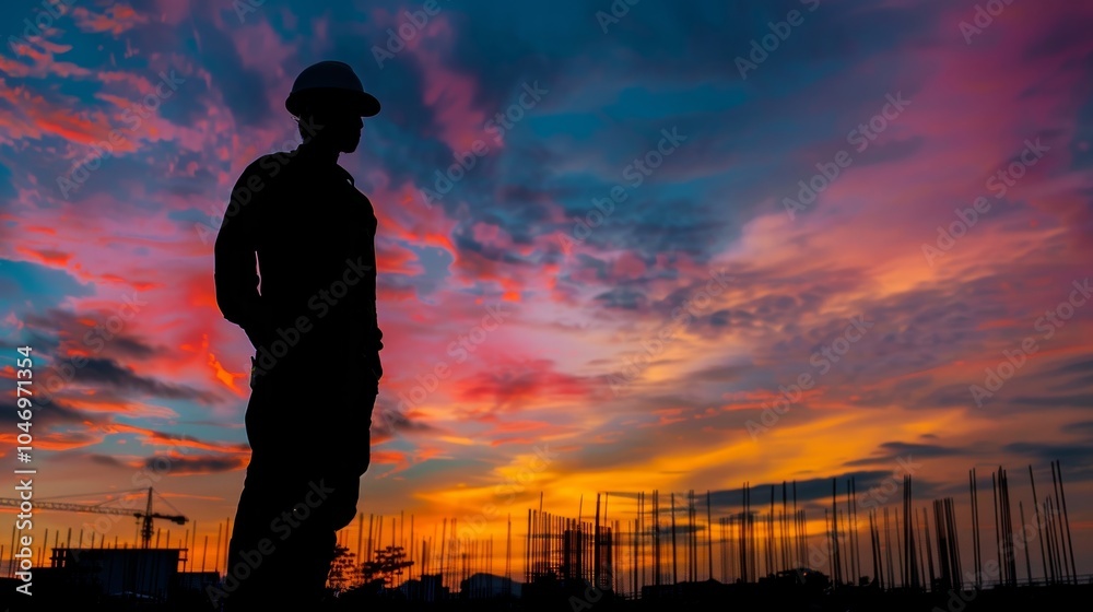 Fototapeta premium The stark black silhouette of a construction worker contrasts beautifully against the vibrant colors of the sunset creating a breathtaking scene.