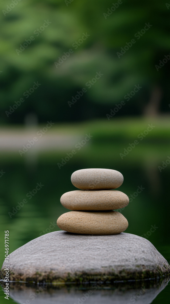 Stacked stones create a peaceful scene by a serene green pond on a calm day Stacked stones create a peaceful scene by a serene green pond on a calm day