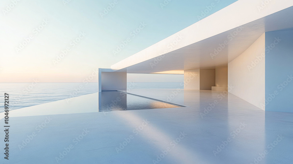 Obraz premium Modern architectural design overlooking tranquil sea during golden hour at a coastal location