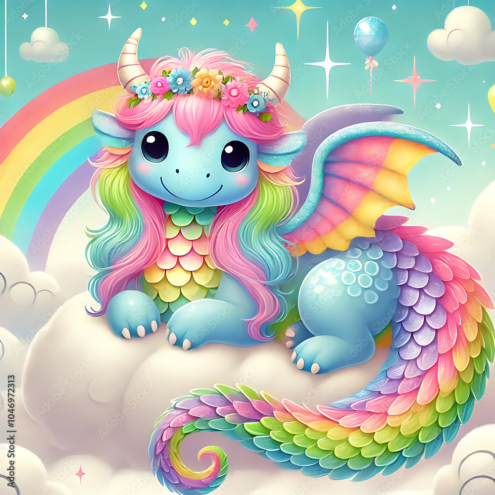 Obraz premium Pastel Rainbow Dragon, Generative Ai