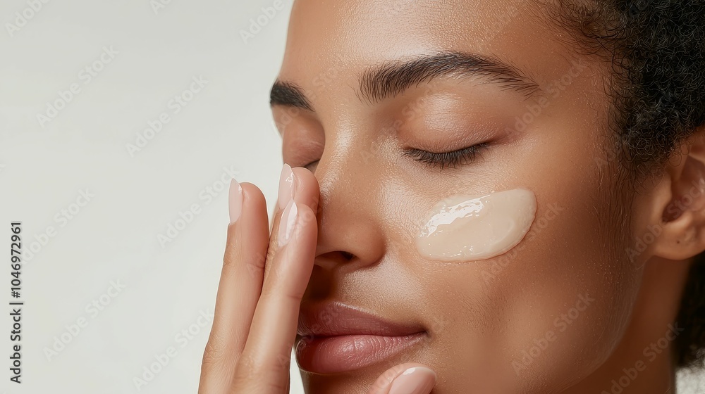 A woman applying skincare product on her face, showcasing healthy skin and a moment of self-care in a serene ambiance. A woman applying skincare product on her face, showcasing healthy skin and a moment of self-care in a serene ambiance.