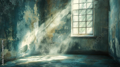 Sunlight streaming through a dusty window in an abandoned room with peeling paint and shadows