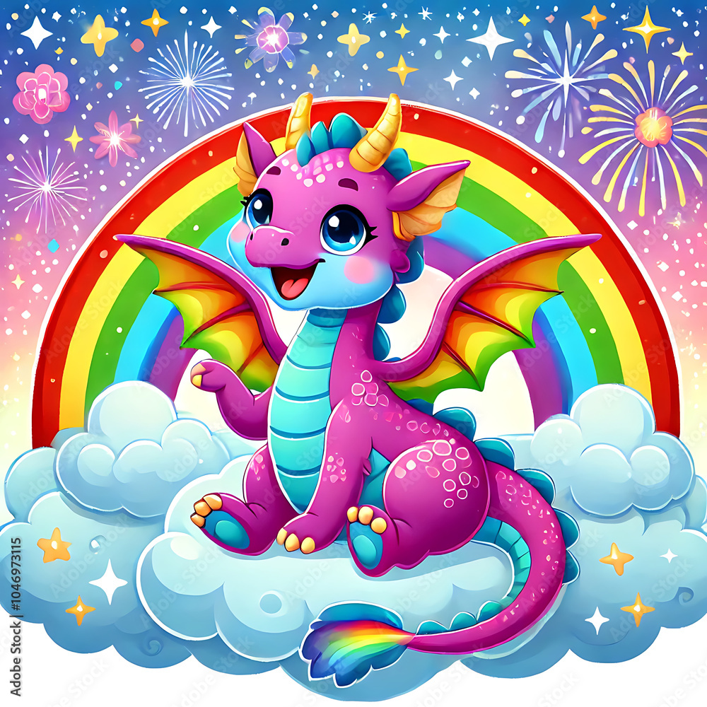 Obraz premium Rainbow-Tailed Dragon in a Starry Sky, Generative Ai