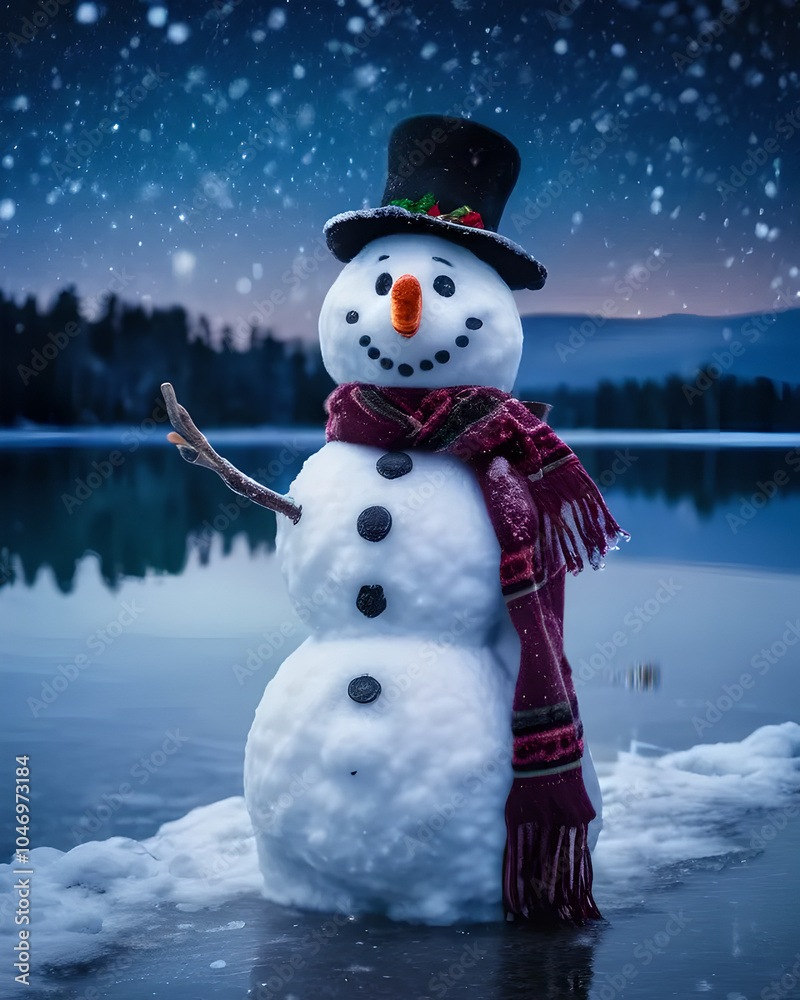 Obraz premium Concetto di inverno, freddo e feste di Natale: pupazzo di neve felice e sorridente in ambiente invernale e di Natale 