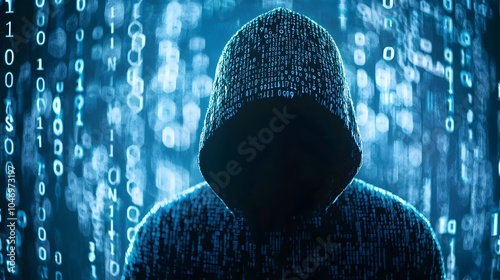 Hooded Hacker Silhouette in Cyberspatial Digital Realm Symbolizing Anonymity and Hidden Identity of Cybercriminals photo