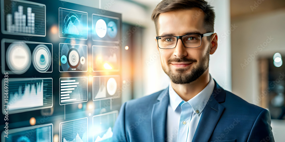 Close Up Portrait Innovative Manager AI Driven Dashboard Digital Transformation Copy Space Leadership Technology Adoption Stock Photo Close Up Portrait Innovative Manager AI Driven Dashboard Digital Transformation Copy Space Leadership Technology Adoption Stock Photo