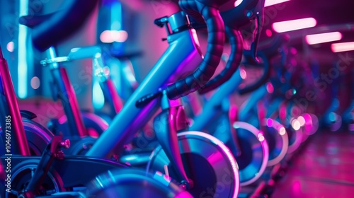 The group cycling room is dimly lit with neon lights providing a lively atmosphere for a spin class.
