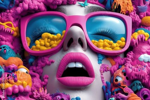 An imaginative scene filled with vibrant colors and quirky shapes surrounds a woman wearing pink sunglasses, evoking a sense of joy and absurdity in surrealism. photo