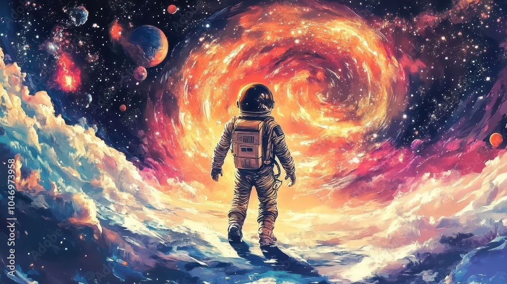 Obraz premium colorful and vivid illustration of an astronaut exploring the vastness of space, surrounded by swirling galaxies and cosmic wonders, inspiring creativity and imagination
