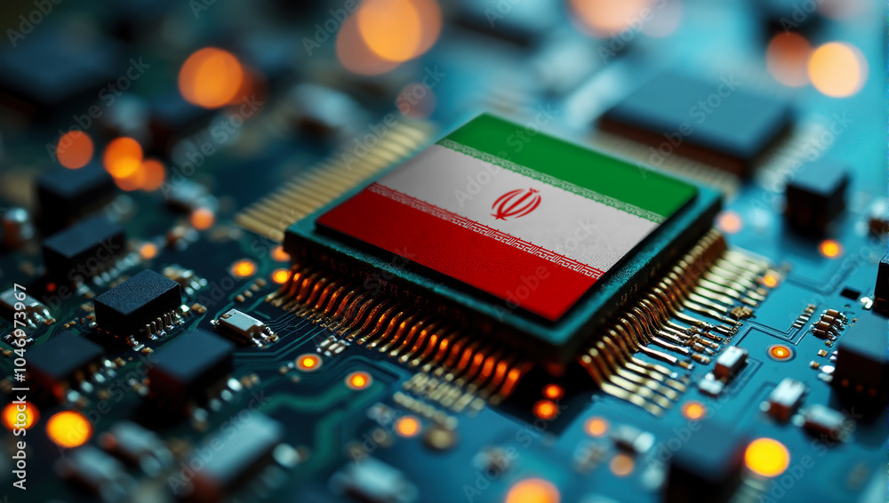 A Iran themed chip is embedded on a circuit board with illuminated pathways, highlighting innovation in electronics and cutting-edge hardware. A Iran themed chip is embedded on a circuit board with illuminated pathways, highlighting innovation in electronics and cutting-edge hardware.