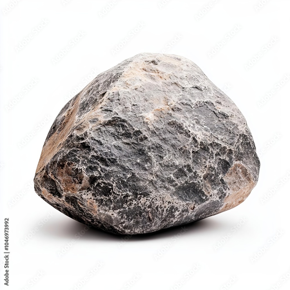 Fototapeta premium Single gray stone with natural texture, isolated, clean white background, clipping path included, perfect for product mockups and design