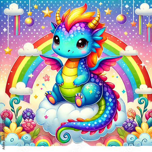 Tiny Dragon with Colorful Rainbow Scales, Generative Ai
