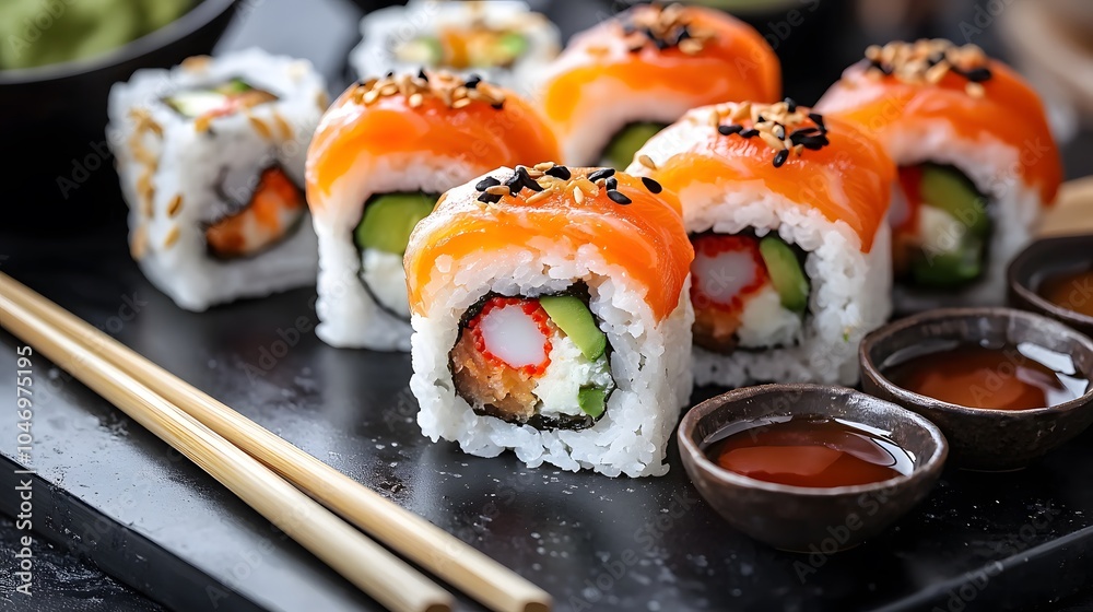 Assorted Sushi Rolls and Chopsticks on Black Plate Assorted Sushi Rolls and Chopsticks on Black Plate