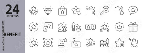 Benefit line icons set with Present, Benefit, Coupon, Reward, Card, Profit, Star, Gift and more. Editable Stroke