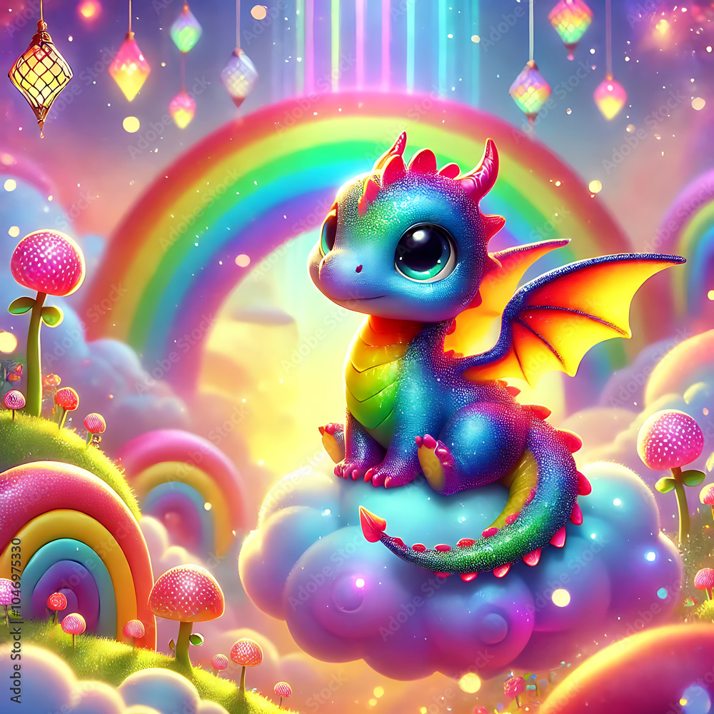 Obraz premium Tiny Dragon with Shimmering Rainbow Scales, Generative Ai