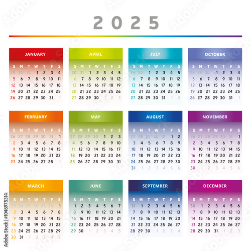 Calendrier 2025 en Anglais - Couleurs Arc-en-Ciel Format 4 Trimestres