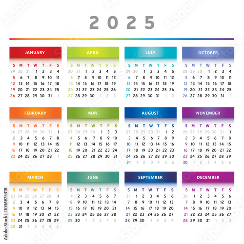 Calendrier 2025 en Anglais - Couleurs Arc-en-Ciel Format 4 Trimestres