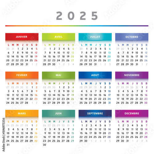 Calendrier 2025 en Français - Couleurs Arc-en-Ciel Format 4 Trimestres