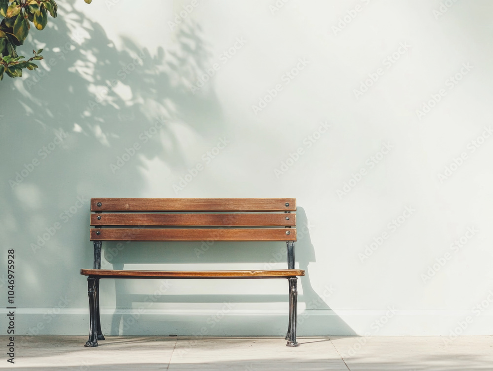 A solitary wooden bench against a softly colored wall in a serene outdoor setting