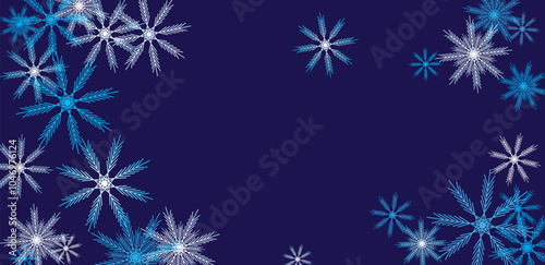  intricate blue and white snowflake on a deep blue background. Perfect for holiday designs and winter decor, adding a touch of elegance and frost.