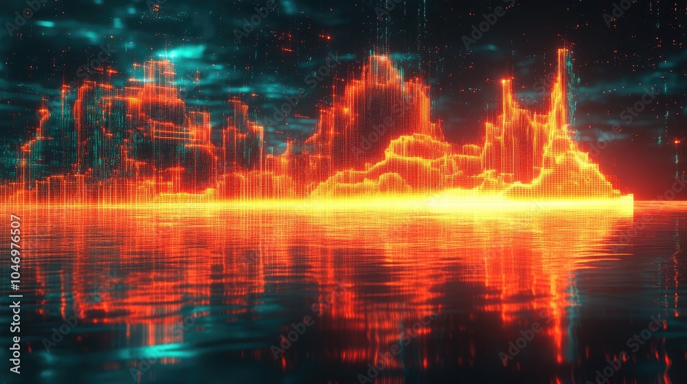 Fototapeta premium A vibrant digital rendering of a fiery orange mountainous landscape mirrored by serene waters, creating a powerful juxtaposition of energy and tranquility.