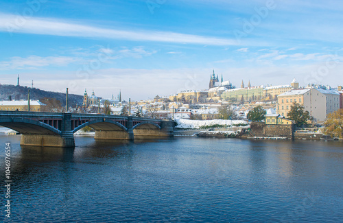 Photography Cold winter morning in Prague, snow in the city and Prague castle