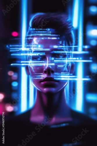 A futuristic digital face with neon blue glitch effects, blending human features with technology, symbolizing identity and transformation in a digital world. photo