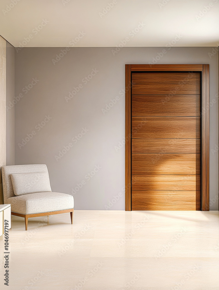Modern interior design with minimalist chair and wooden door in a bright room Modern interior design with minimalist chair and wooden door in a bright room