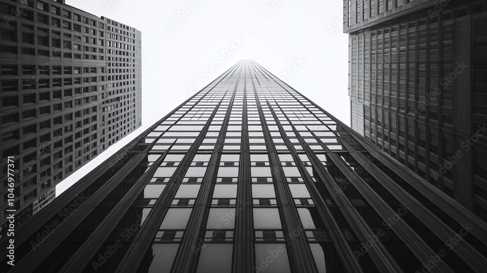A towering skyscraper captured from the street level, showcasing sleek modern architecture with clean lines and geometric patterns, all in grayscale A towering skyscraper captured from the street level, showcasing sleek modern architecture with clean lines and geometric patterns, all in grayscale