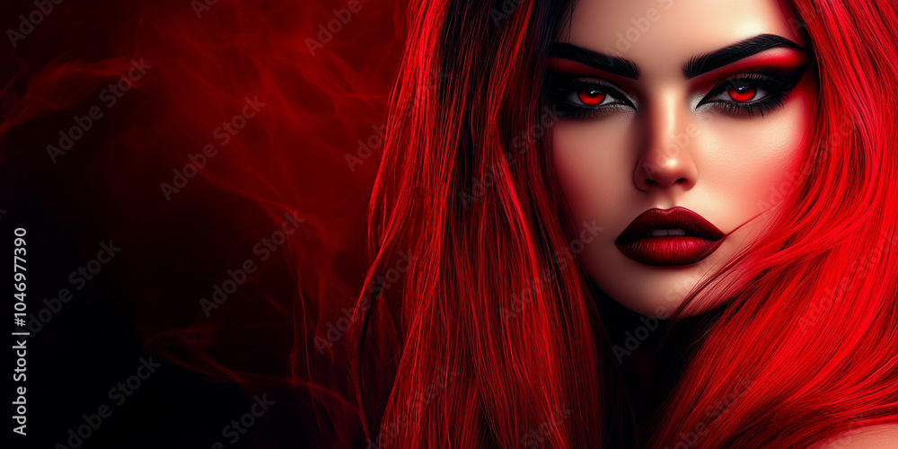 Fototapeta premium Striking Halloween Makeup with Red Hair and Bold Cosmetics