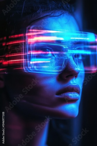 A futuristic visage showcased wearing a neon-infused transparent visor, emphasizing the blend of fashion and technology in a vivid, otherworldly presentation. photo