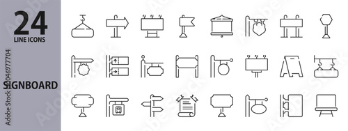 Signboard collection line icons set with Sign, Announcement, Board, Banner, Frame, Placard and more. Editable Stroke