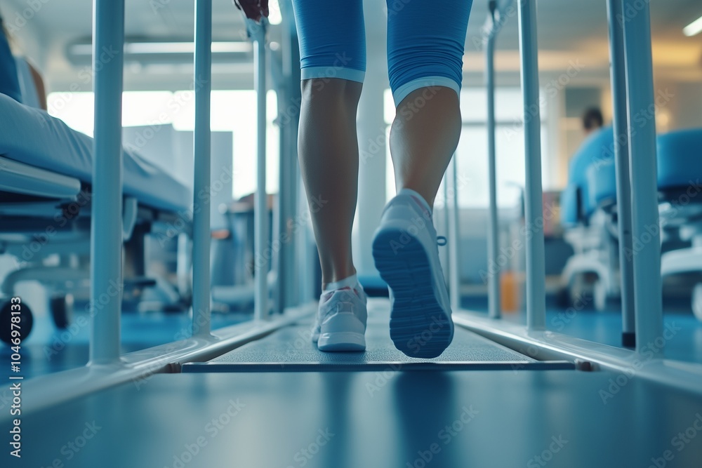 A patient undergoing rehabilitation, learning to walk while holding onto support rails, emphasizing the process of recovery and mobility improvement